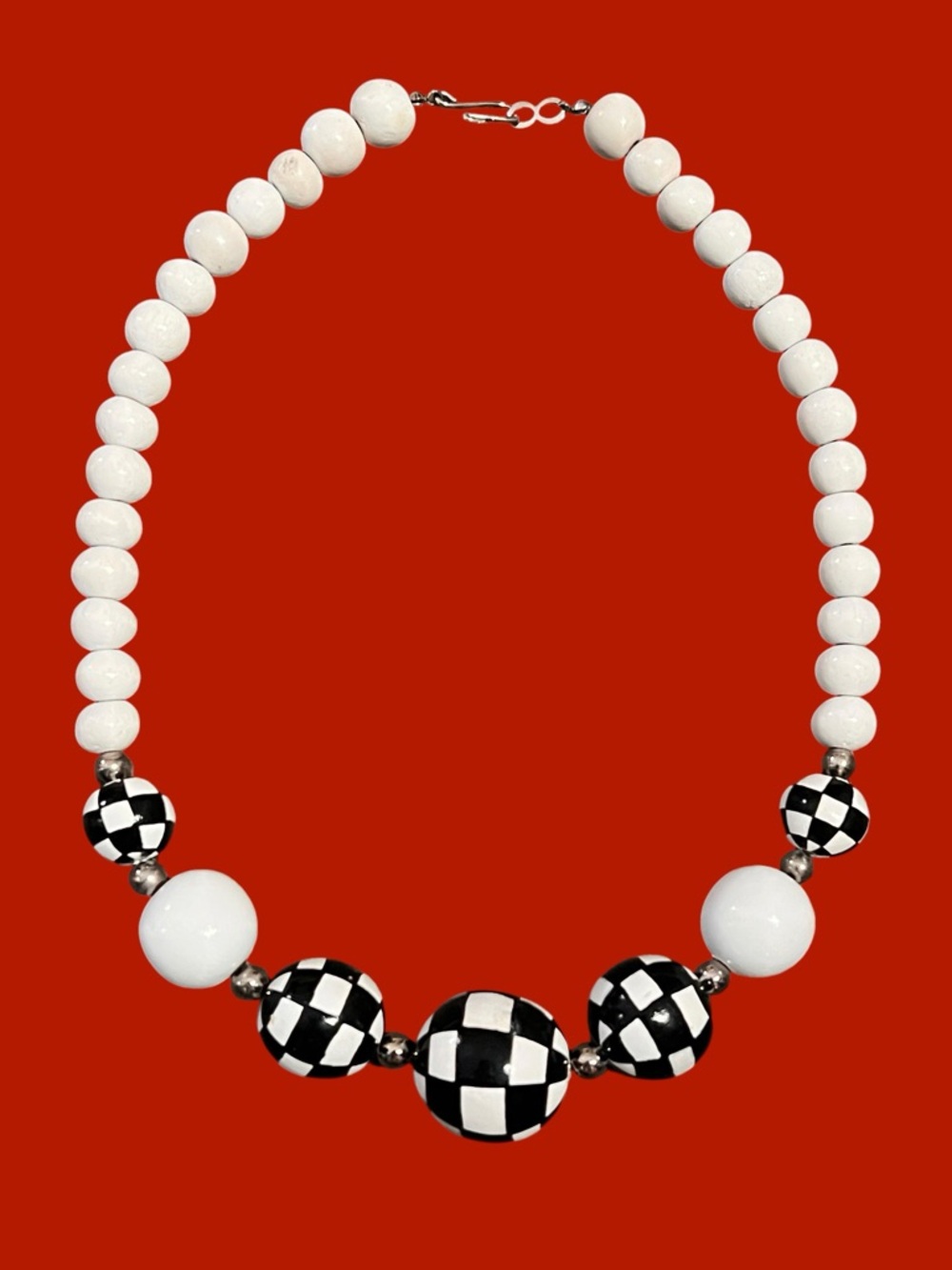 Vintage wooden beads hand painted black & white checkered necklace funky indie